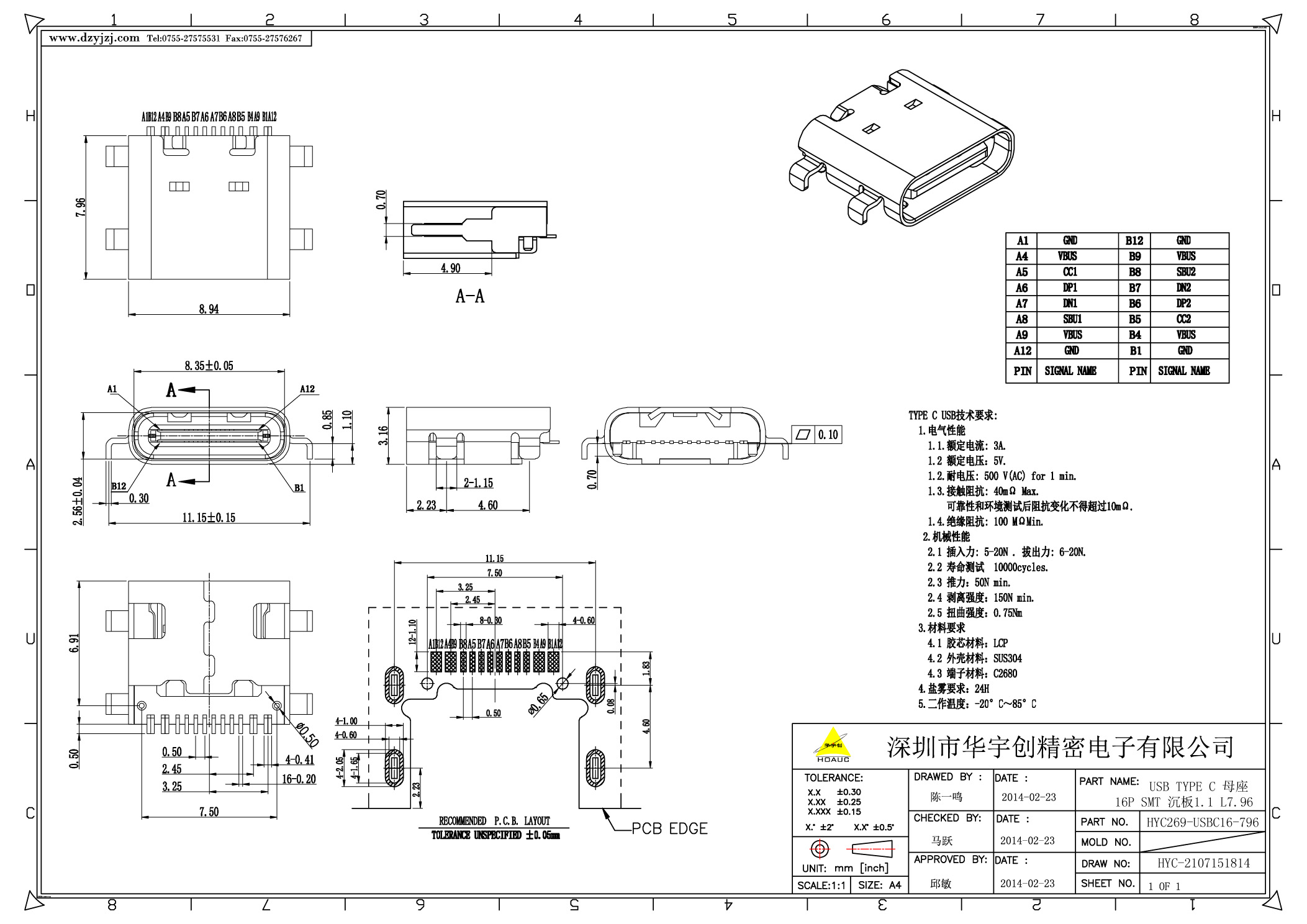 USB TYPE C 母座單排16P SMT 沉板1.1 體長7.96.jpg