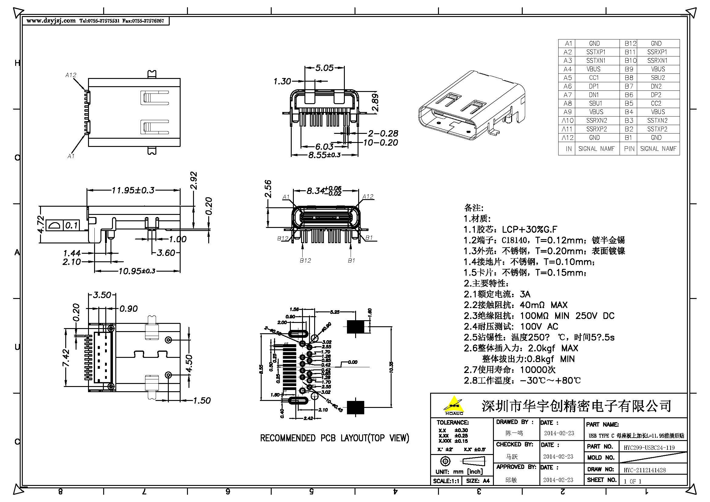 USB TYPE C 母座板上加長(zhǎng)L=11.95前插后貼.jpg