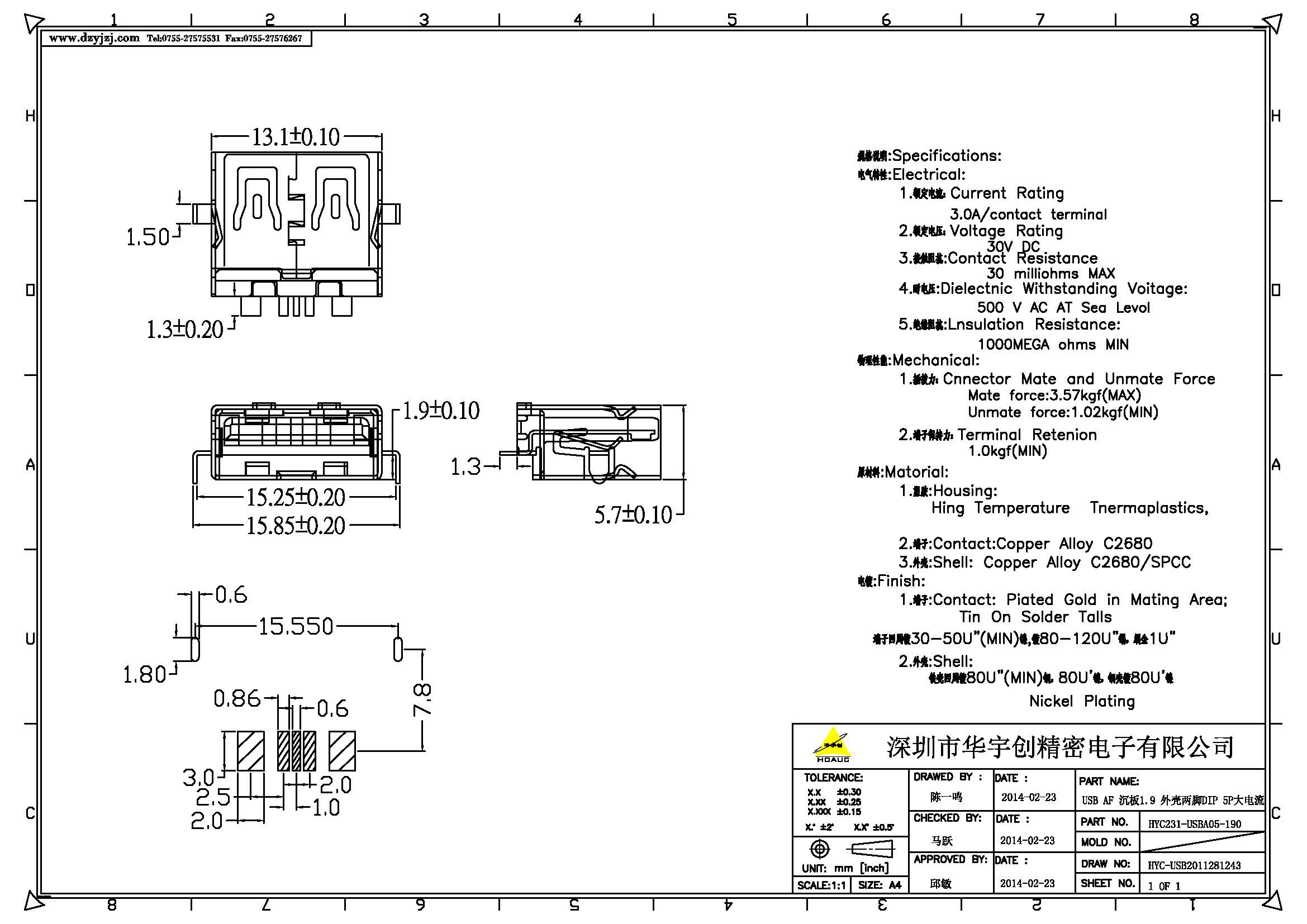 USB AF 沉板1.9 外殼兩腳DIP 端子SMT 5P大電流產(chǎn)品圖.jpg