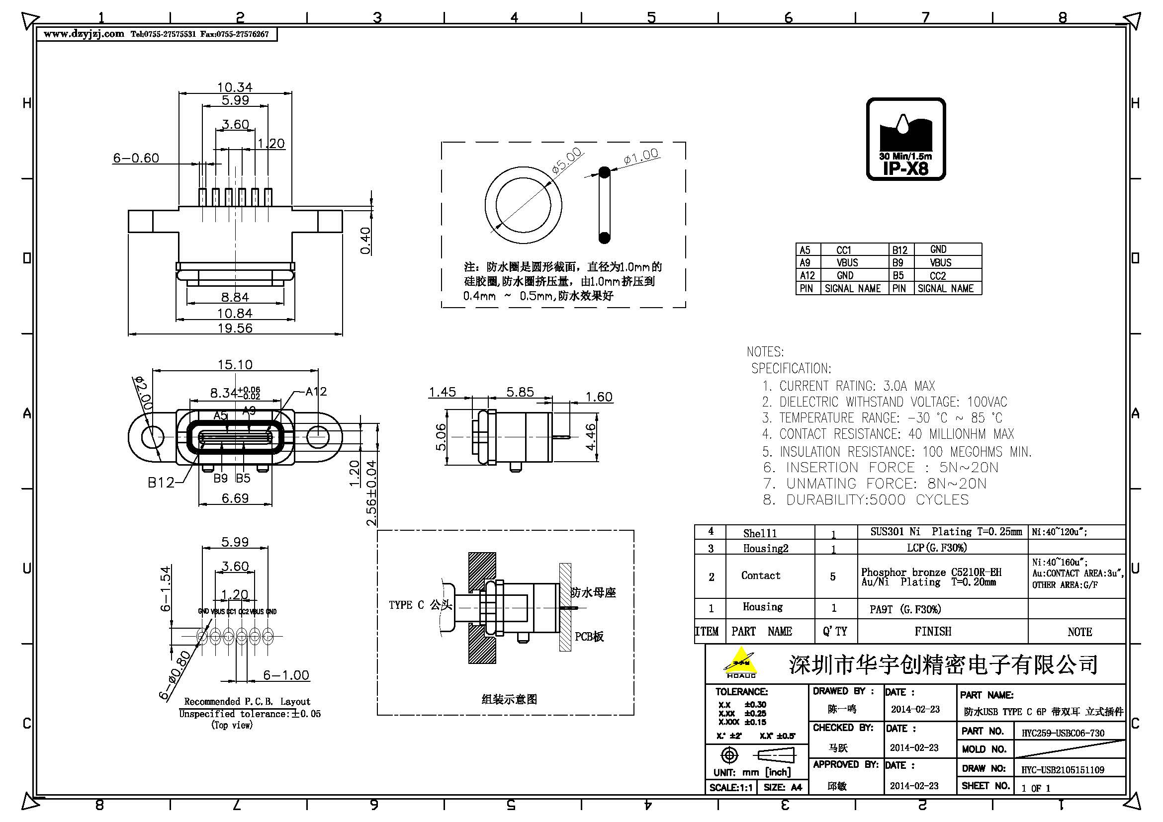 防水USB TYPE C 6P 帶雙耳 立式插件產(chǎn)品圖.jpg